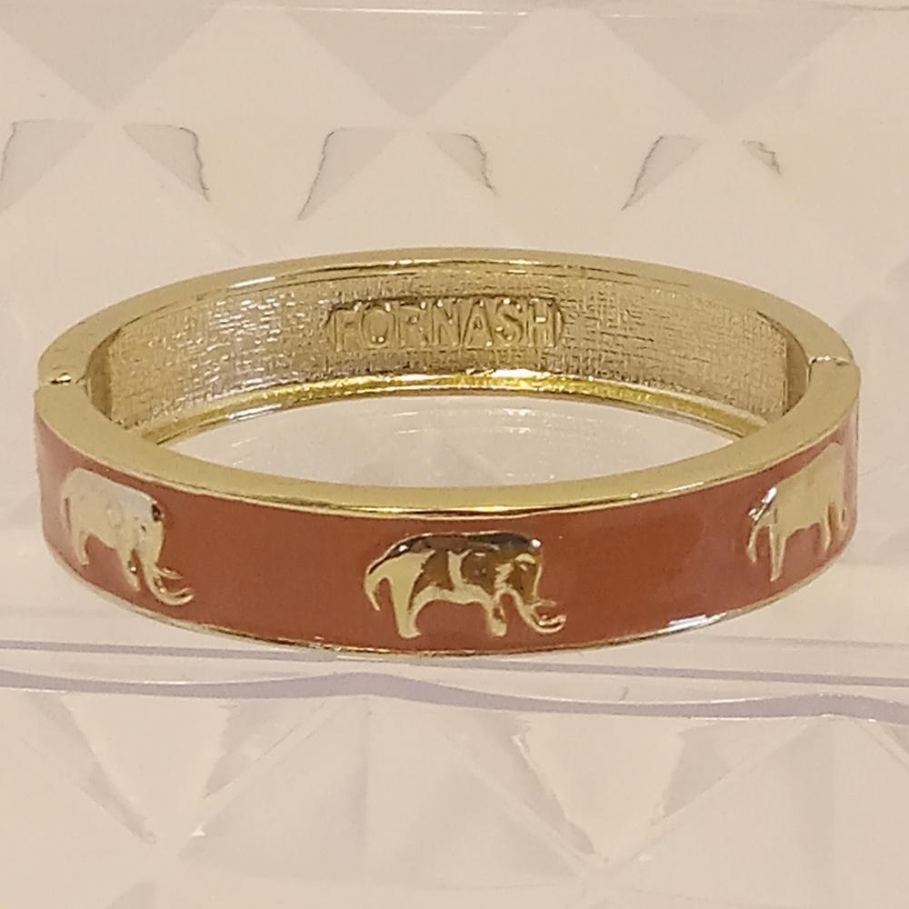 Fornash Enamel Coral Elephant Clamper Bangle Bracelet Excellent
